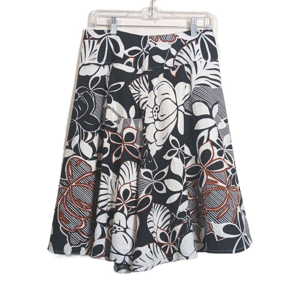 Metro Wear Floral Linen Skirt Womens S Black Multi Boho Flare Midi Coastal